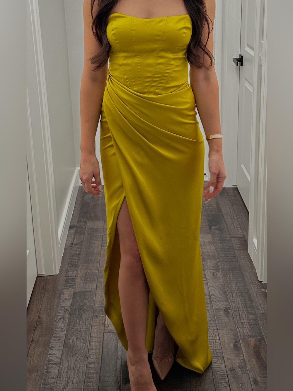Express Strapless Satin Gown in Yellow-Green